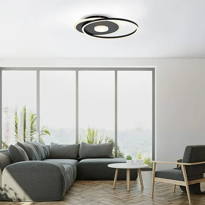 Just Light LED-Deckenleuchte DOMINO - 31 W, L x B x H: 45 x 39,5 x 6,8 cm, Schwarz, Warmweiß - Moderne LED-Deckenleuchte mit schwarzem Ringdesign, ideal für stilvolle Innenräume. Sorgt für eine angenehme Beleuchtung im Raum.