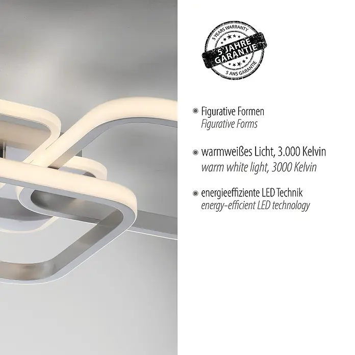 Just Light LED-Deckenleuchte SEVENT - 41 W, L x B x H: 46 x 39,4 x 8,7 cm, Stahl, Warmweiß - Moderne LED-Deckenleuchte mit figurativem Design und warmweißem Licht für eine energieeffiziente Beleuchtung. 5 Jahre Garantie.