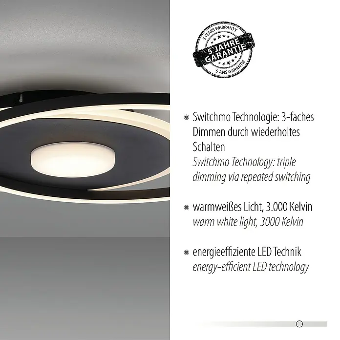 Just Light LED-Deckenleuchte DOMINO - 31 W, L x B x H: 45 x 39,5 x 6,8 cm, Schwarz, Warmweiß - Moderne Deckenleuchte in Schwarz und Weiß mit energiesparender LED-Technik und dreifacher Dimmfunktion für stimmungsvolles Licht.