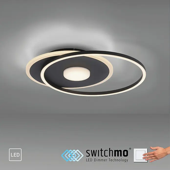 Just Light LED-Deckenleuchte DOMINO - 31 W, L x B x H: 45 x 39,5 x 6,8 cm, Schwarz, Warmweiß - Moderne LED-Deckenleuchte mit geschwungenem Design und Dimmfunktion für eine stilvolle und energieeffiziente Beleuchtung.