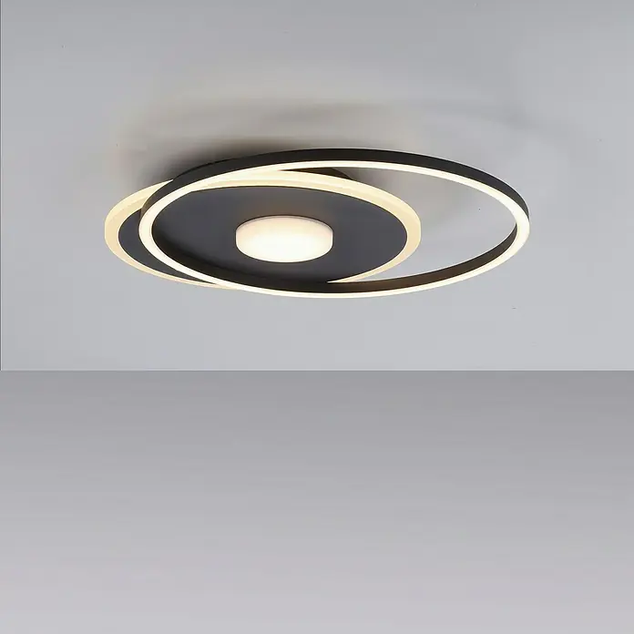 Just Light LED-Deckenleuchte DOMINO - 31 W, L x B x H: 45 x 39,5 x 6,8 cm, Schwarz, Warmweiß - Moderne Deckenleuchte mit schwarzer Basis und LED-Ringen, die ein helles, indirektes Licht erzeugt. Ideal für Wohnräume mit zeitgenössischem Design.