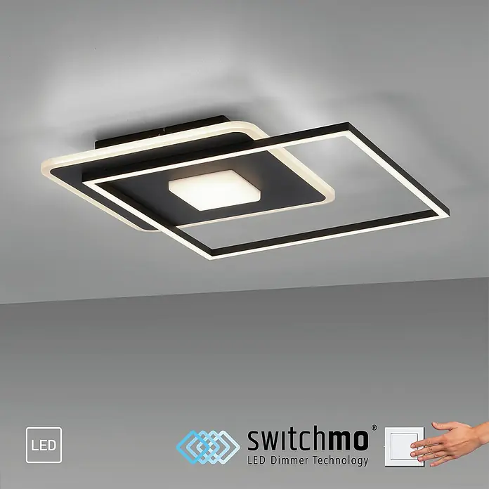 Just Light LED-Deckenleuchte DOMINO - 30 W, L x B x H: 45 x 45 x 6,5 cm, Schwarz, Warmweiß - Moderne LED-Deckenleuchte mit schwarzem Rahmen und quadratischem Design, ideal für stilvolle Innenräume mit Dimmfunktion.