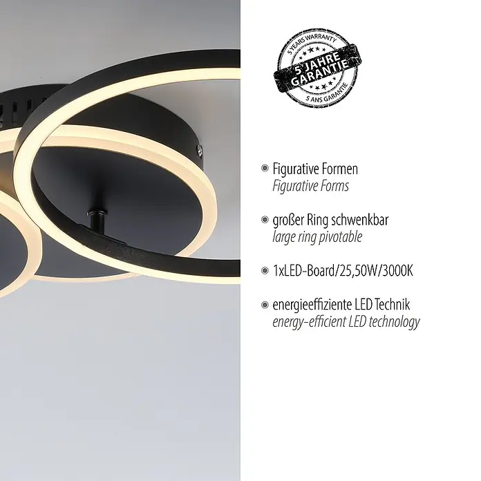 Just Light LED-Deckenleuchte SEVENT - 29 W, L x B x H: 50 x 33,4 x 8,2 cm, Schwarz, Warmweiß - Nahaufnahme der modernen LED-Deckenleuchte mit ringförmigem Design, die energiesparende Beleuchtung bietet.