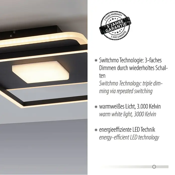 Just Light LED-Deckenleuchte DOMINO - 30 W, L x B x H: 45 x 45 x 6,5 cm, Schwarz, Warmweiß - Nahaufnahme einer modernen Deckenleuchte mit LED-Technologie und 5 Jahren Garantie.