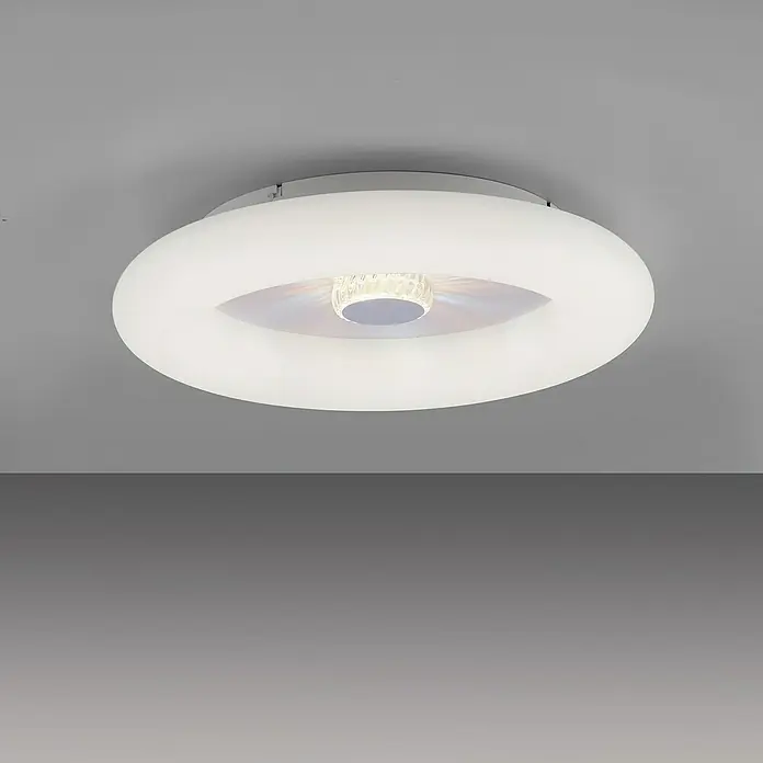 Just Light LED-Deckenleuchte rund VERTIGO - 30 W, Ø x H: 50 x 13,5 cm, Weiß, Mehrfarbig - Elegante Deckenleuchte mit einem runden, weißen Lampenschirm und einer Kristallverzierung in der Mitte, die ein helles und modernes Licht erzeugt.