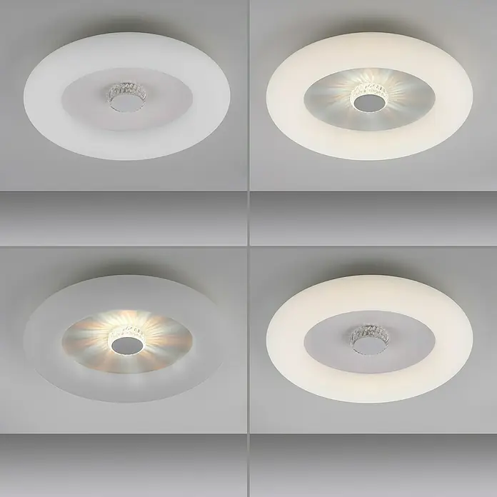 Just Light LED-Deckenleuchte rund VERTIGO - 30 W, Ø x H: 50 x 13,5 cm, Weiß, Mehrfarbig - Diese Aufnahme zeigt eine Auswahl von vier Deckenleuchten, die sich in Design und Beleuchtung unterscheiden.