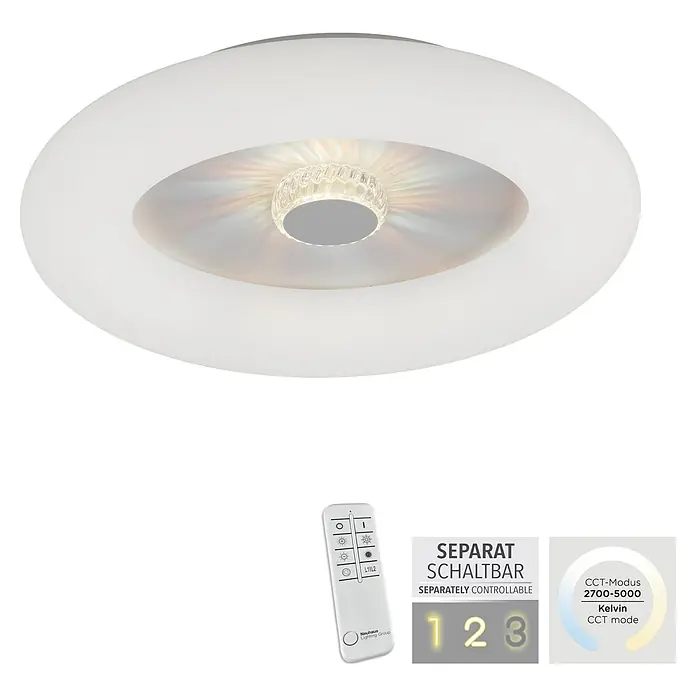 Just Light LED-Deckenleuchte rund VERTIGO - 30 W, Ø x H: 50 x 13,5 cm, Weiß, Mehrfarbig - Diese LED-Deckenleuchte mit Fernbedienung ermöglicht die Steuerung der Farbtemperatur. Modernes Design für Ihr Zuhause.