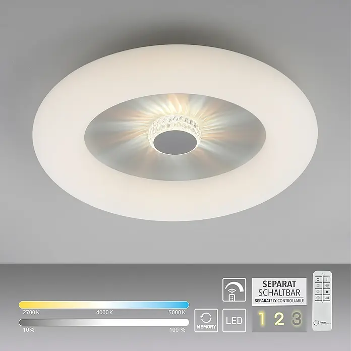 Just Light LED-Deckenleuchte rund VERTIGO - 30 W, Ø x H: 50 x 13,5 cm, Weiß, Mehrfarbig - Nahaufnahme einer modernen LED-Deckenleuchte mit Dimmfunktion und Farbtemperaturanpassung für flexibles Lichtdesign.