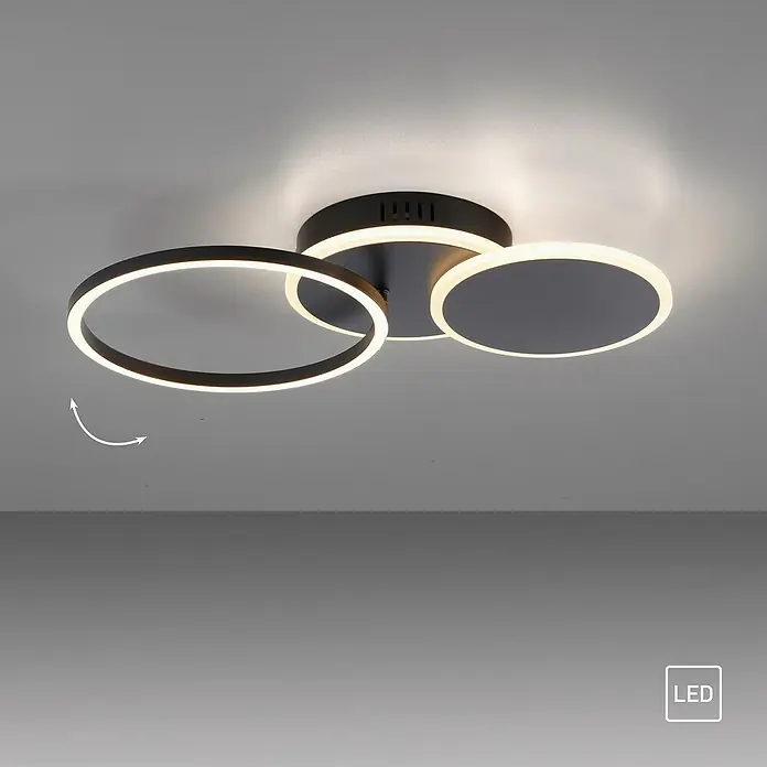 Just Light LED-Deckenleuchte SEVENT - 29 W, L x B x H: 50 x 33,4 x 8,2 cm, Schwarz, Warmweiß - Moderne LED-Deckenleuchte mit drei schwarzen Kreisen und warmweißem Licht für eine stilvolle Beleuchtung im Raum.