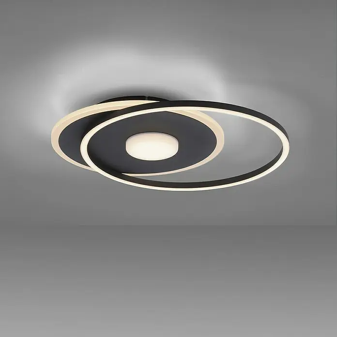 Just Light LED-Deckenleuchte DOMINO - 31 W, L x B x H: 45 x 39,5 x 6,8 cm, Schwarz, Warmweiß - Moderne Deckenleuchte mit einem schwarzen Mittelteil und einem kreisförmigen LED-Leuchtband. Elegantes Design für stilvolle Innenräume.