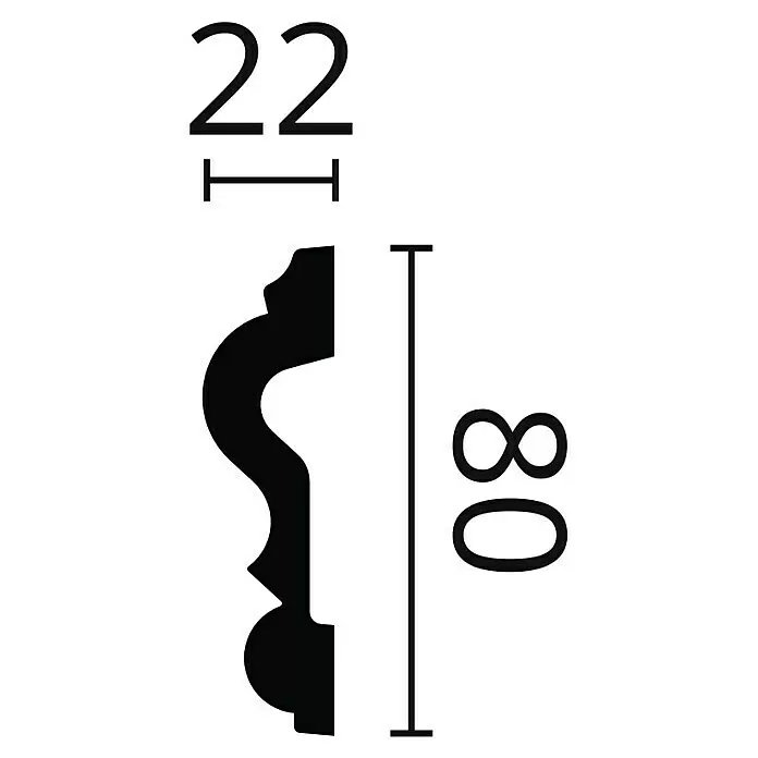 Nmc Decoflair Wandleiste Z13 - 2 m x 22 mm x 80 mm, Hochverdichteter Polyurethanschaum (PU) - Technische Zeichnung eines schwarzen Profils, 22 Einheiten breit und 80 Einheiten hoch.