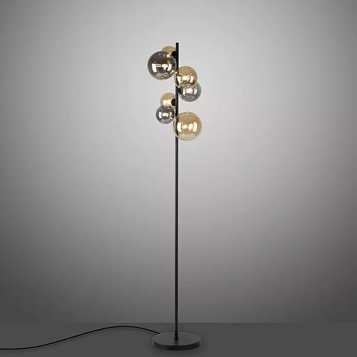 Paul Neuhaus Popsicle Stehleuchte - 21 W, Höhe: 155 cm, Schwarz, G9 - Schwarze Stehlampe mit mehreren bernsteinfarbenen und rauchgrauen Glaskugelschirme.