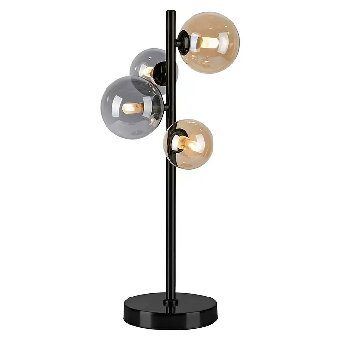 Paul Neuhaus Popsicle Tischleuchte - 12 W, L x B x H: 24 x 24 x 48 cm, Schwarz, G9 - Elegante Stehlampe mit kugelförmigen Lampenschirmen in Grau und Bernstein, montiert auf einem schlanken, schwarzen Ständer.