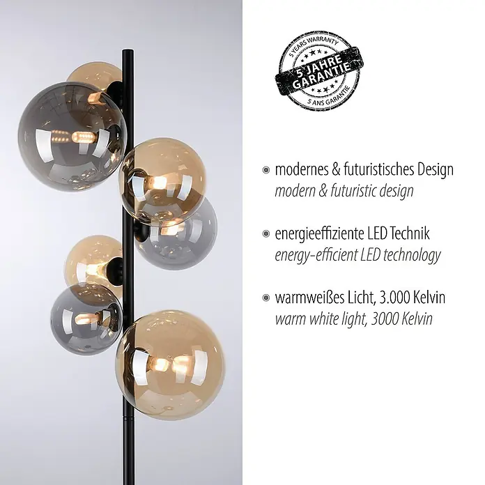 Paul Neuhaus Popsicle Stehleuchte - 21 W, Höhe: 155 cm, Schwarz, G9 - Stehleuchte mit modernem, futuristischem Design, energieeffizienter LED-Technik und warmweißem Licht (3.000 Kelvin) für eine angenehme Atmosphäre.