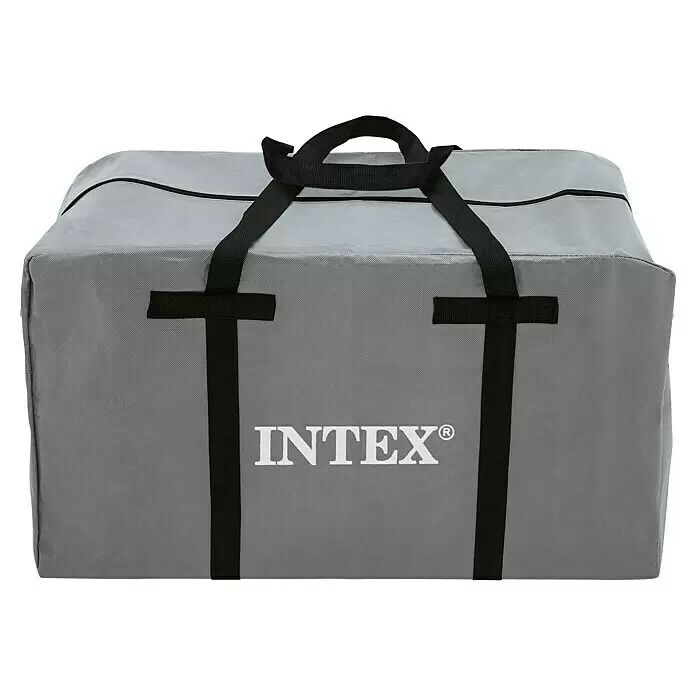 Intex Kajak Komplettset Excursion Pro - Nutzlast: 180 kg, Geeignet für: 2 Personen - Graue Intex-Tragetasche aus Stoff mit schwarzen Gurten für einfache Lagerung und Transport.