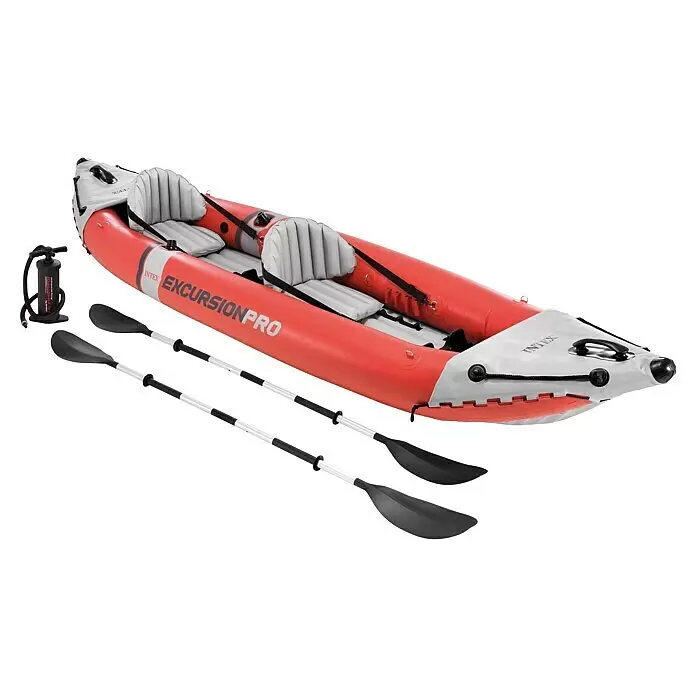 Intex Kajak Komplettset Excursion Pro - Nutzlast: 180 kg, Geeignet für: 2 Personen - Rotes und weißes Schlauchkajak, Pumpe und Paddel. Ein komplettes Set für Wasserabenteuer.