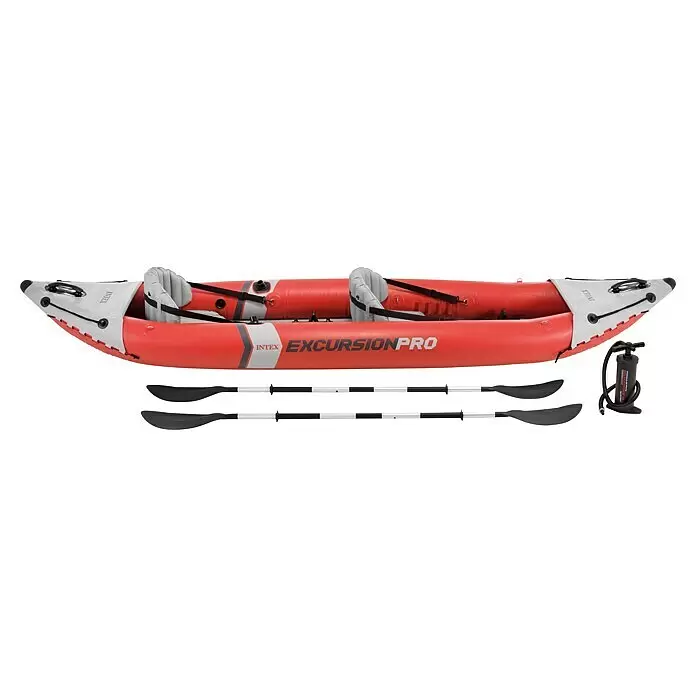 Intex Kajak Komplettset Excursion Pro - Nutzlast: 180 kg, Geeignet für: 2 Personen - Rotes und weißes aufblasbares Kajak, zwei Paddel und eine schwarze Luftpumpe.
