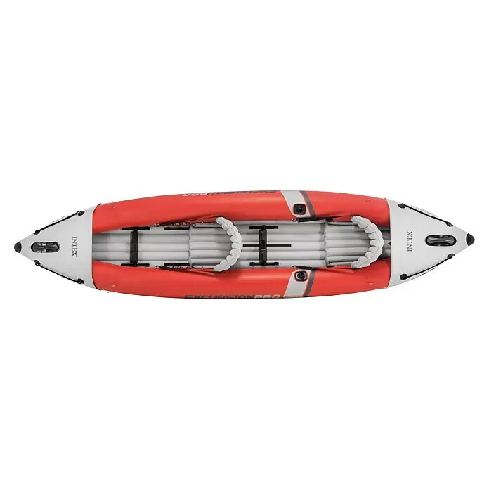 Intex Kajak Komplettset Excursion Pro - Nutzlast: 180 kg, Geeignet für: 2 Personen - Aufsicht auf ein rot-weißes aufblasbares Intex Excursion Pro Kajak mit zwei grauen gepolsterten Sitzen und schwarzen Gurten.