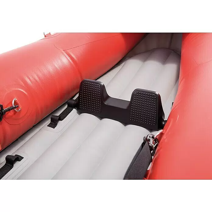 Intex Kajak Komplettset Excursion Pro - Nutzlast: 180 kg, Geeignet für: 2 Personen - Rotes und graues Schlauchboot-Interieur mit schwarzer verstellbarer Fußstütze.