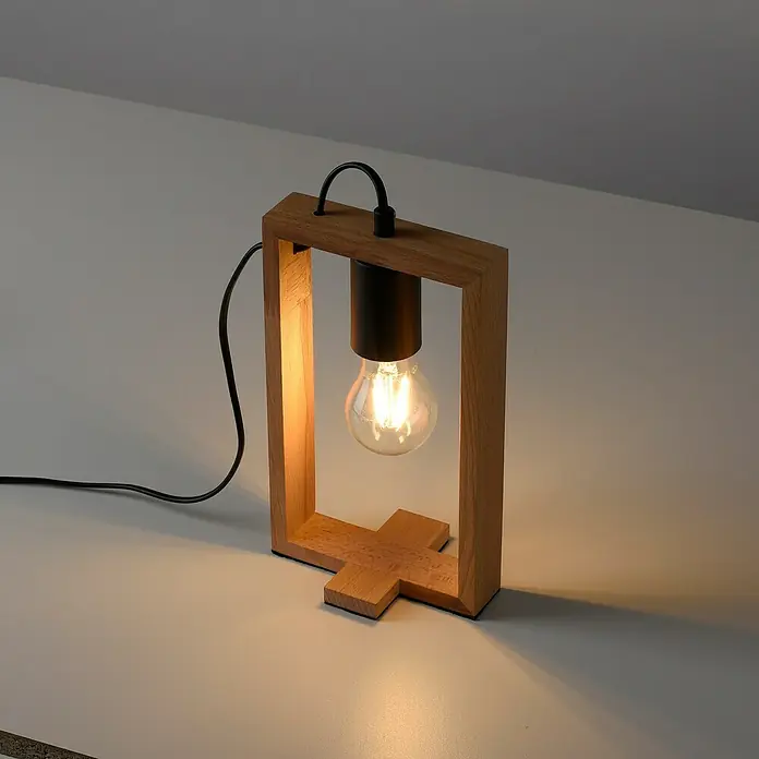 Just Light Tischleuchte FRANKY - L x B x H: 15 x 10 x 28,5 cm, Schwarz, E27 - Diese Tischlampe mit Holzrahmen und Glühbirne ist ein echter Blickfang und sorgt für gemütliches Licht. Perfekt für Nachttisch oder Schreibtisch!