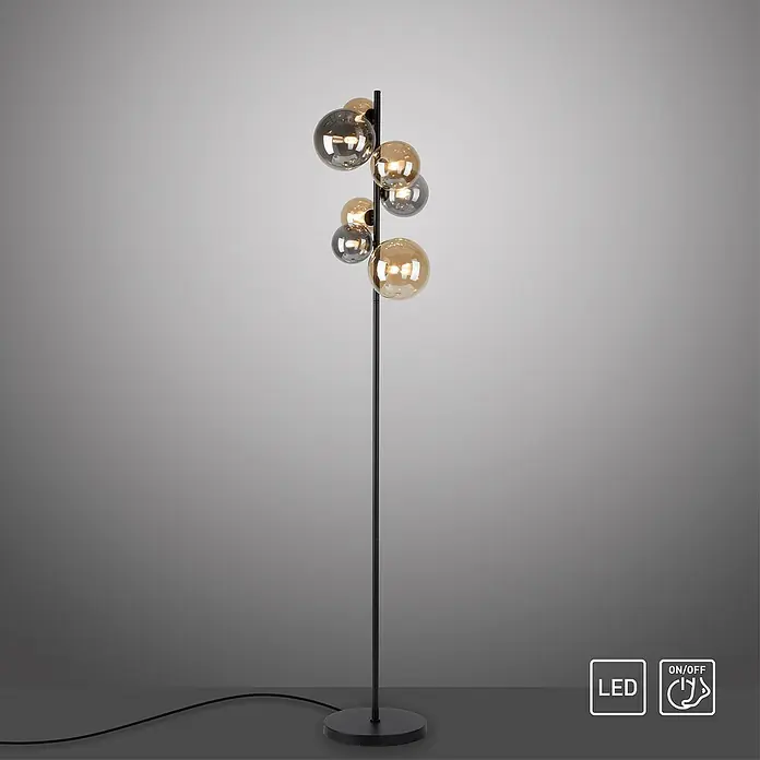 Paul Neuhaus Popsicle Stehleuchte - 21 W, Höhe: 155 cm, Schwarz, G9 - Elegante Stehlampe mit mehreren Glaskugeln in Gold- und Grautönen, die ein warmes Licht erzeugt.\n