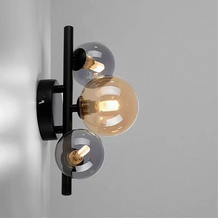 Paul Neuhaus Popsicle Wandleuchte - 9 W, L x B x H: 20 x 15 x 28,5 cm, Schwarz, G9 - Schwarze Metall-Wandlampe mit zwei rauchgrauen und einem bernsteinfarbenen Kugelglas-Schirm.