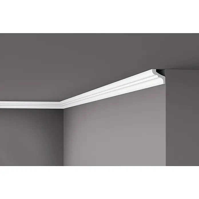 Nmc Decoflair Zierprofil Deckenleiste F - 2 m x 33 mm x 33 mm, Extrudiertes Polystyrol (XPS) - Elegante weiße Deckenleiste im Raum.