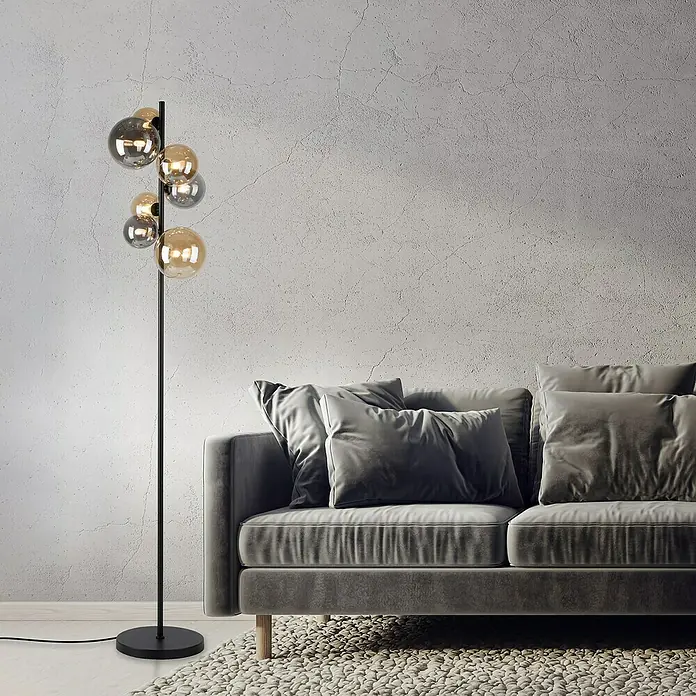 Paul Neuhaus Popsicle Stehleuchte - 21 W, Höhe: 155 cm, Schwarz, G9 - Elegante Stehlampe mit Glaskugeln in verschiedenen Farben, die ein warmes und gemütliches Licht spendet und das Wohnzimmer aufwertet.