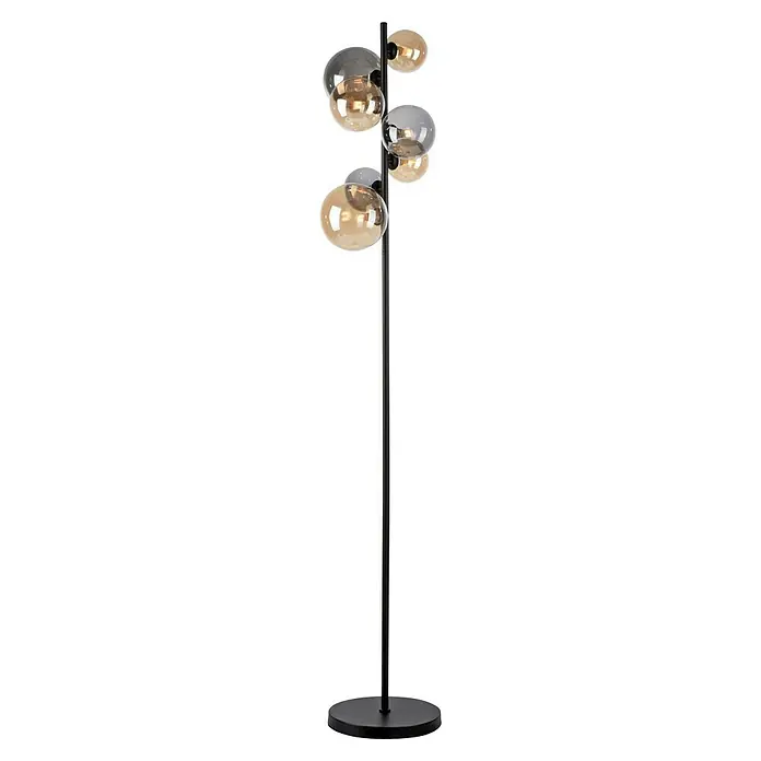 Paul Neuhaus Popsicle Stehleuchte - 21 W, Höhe: 155 cm, Schwarz, G9 - Stehleuchte mit mehreren Glaslampenschirmen in verschiedenen Farben an einem schwarzen Metallgestell.