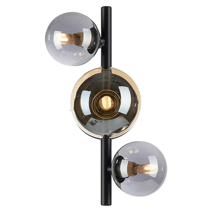 Paul Neuhaus Popsicle Wandleuchte - 9 W, L x B x H: 20 x 15 x 28,5 cm, Schwarz, G9 - Nahaufnahme einer modernen Stehlampe mit drei runden Glaskugeln und einem schlanken, schwarzen Metallständer.