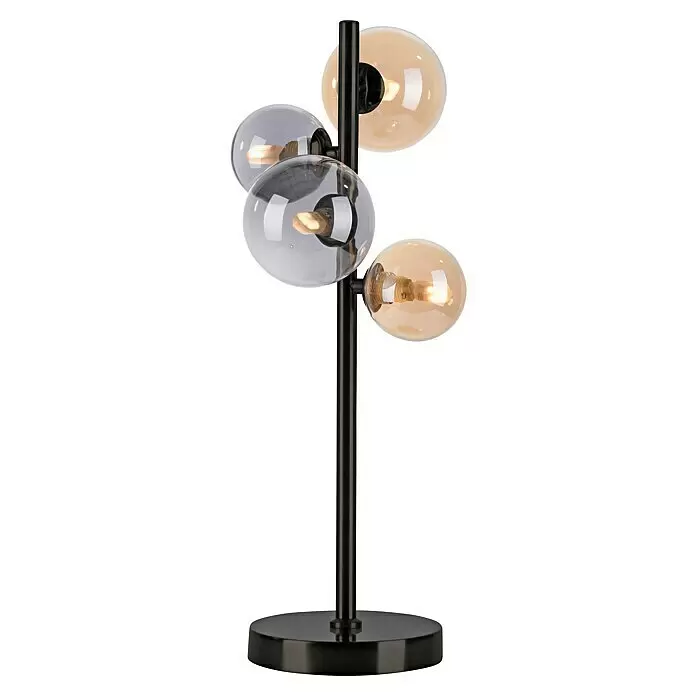 Paul Neuhaus Popsicle Tischleuchte - 12 W, L x B x H: 24 x 24 x 48 cm, Schwarz, G9 - Eine moderne Stehleuchte mit schwarzem Gestell und Fuß, vier kugelförmigen Glasschirmen in klar und bernstein, jeder mit einer beleuchteten Glühbirne.