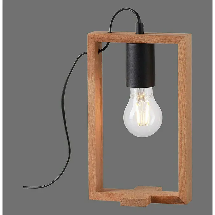 Just Light Tischleuchte FRANKY - L x B x H: 15 x 10 x 28,5 cm, Schwarz, E27 - Tischleuchte mit Holzrahmen und Glühbirne. Die Lampe hat ein modernes Design und spendet warmes Licht. Perfekt für Nachttische oder Schreibtische.