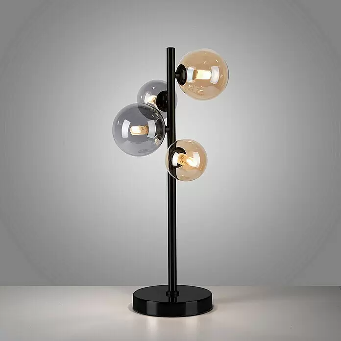 Paul Neuhaus Popsicle Tischleuchte - 12 W, L x B x H: 24 x 24 x 48 cm, Schwarz, G9 - Schwarze Tischlampe mit vier kugelförmigen Glasschirmen (zwei bernsteinfarben, zwei rauchgrau) und leuchtenden Glühbirnen.