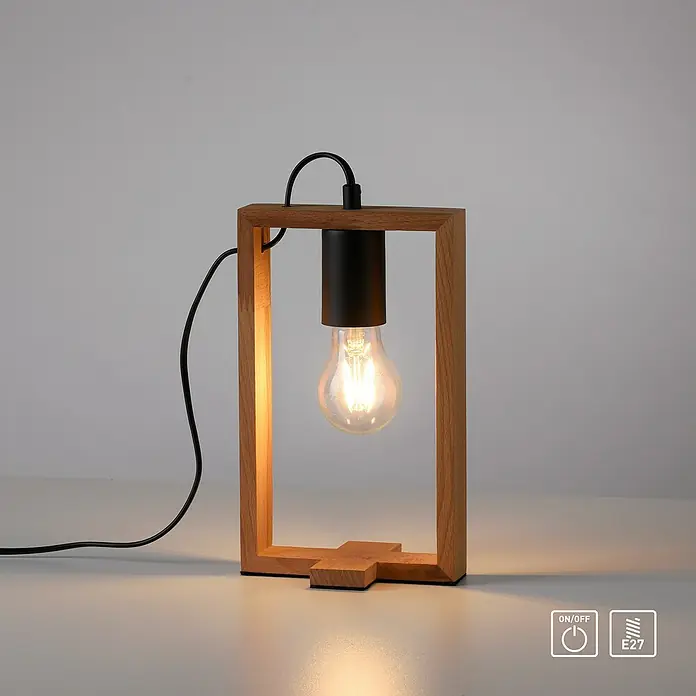 Just Light Tischleuchte FRANKY - L x B x H: 15 x 10 x 28,5 cm, Schwarz, E27 - Stilvolle Tischleuchte mit Holzrahmen und freiliegender Glühbirne, die warmes Licht spendet. Ein dekoratives Element für jeden Raum.