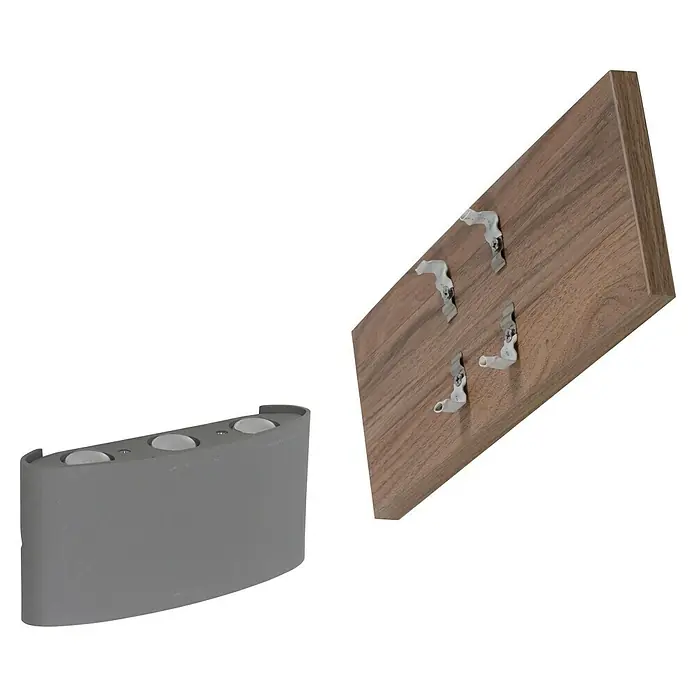 Paul Neuhaus Wandleuchte PALMA - 6,5 W, L x B x H: 32 x 6 x 12 cm, Holz, Sonstige - Graue LED-Wandleuchte und hölzerne Montageplatte mit Halterungen. Moderne Beleuchtungslösung für Innenräume.