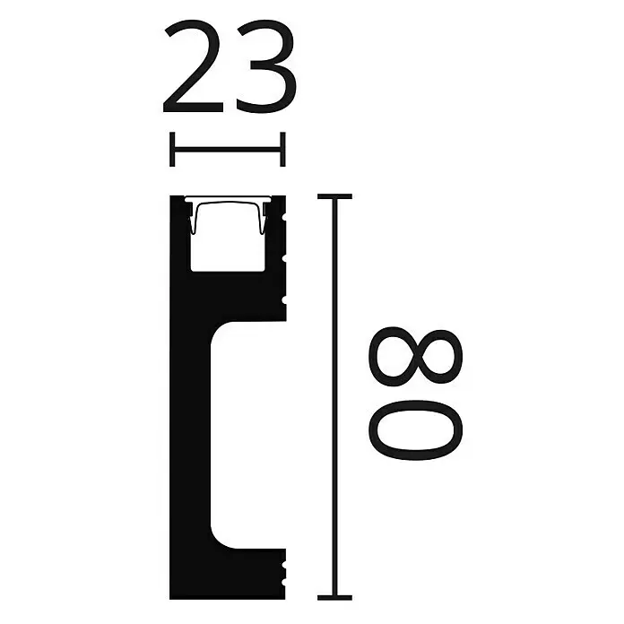 Nmc Decoflair Lichtleiste IL10 - 2 m x 23 mm x 80 mm, Hochverdichtetes extrudiertes Polymer (HDPS) - Technisches Zeichnungsbild eines schwarzen L-Profils mit Kanal, Maße 23 breit und 80 hoch.
