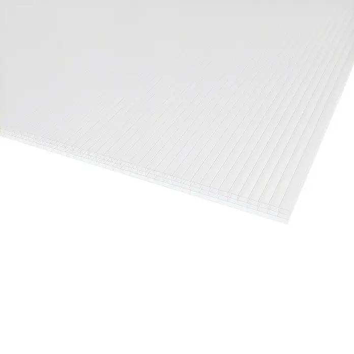 Hohlkammerplatte ECO-UV - 2.000 x 980 x 16 mm, Kunststoff, Opal - Diese Aufnahme zeigt eine klare Polycarbonat-Hohlkammerplatte, ein leichtes und isolierendes Baumaterial, ideal für verschiedene Anwendungen.