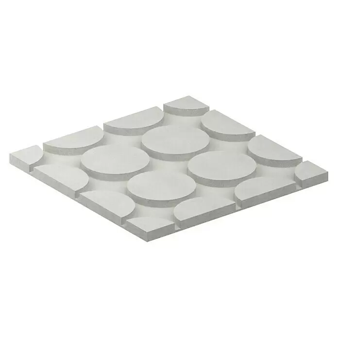 Fermacell Fußbodenheizelement Therm25 - 500 x 500 x 25 mm, Rundnuten - Hellgraues Akustikpaneel mit erhabenen Filzformen (Kreise, Halbkreise) zur Schallabsorption.