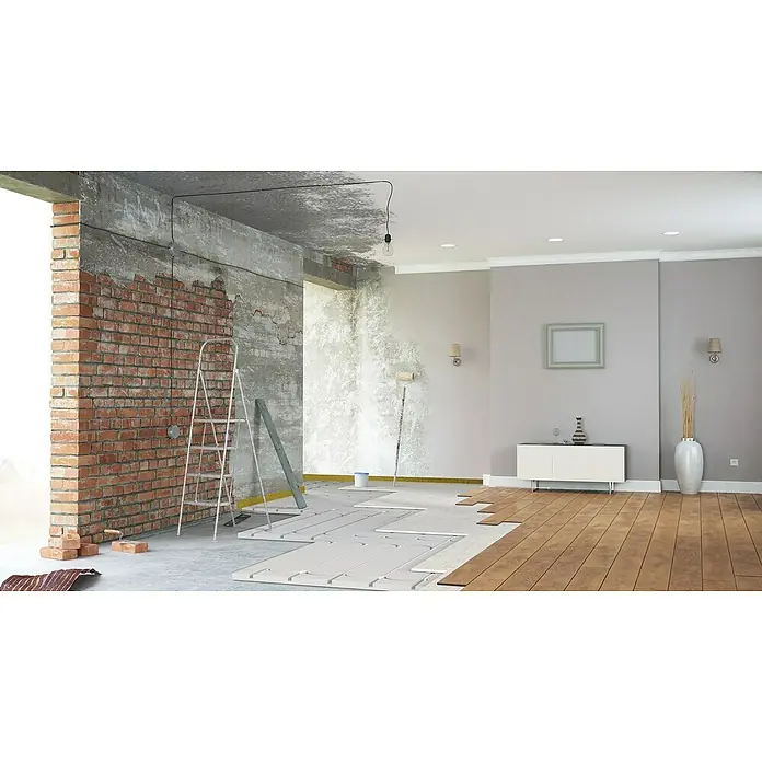 Fermacell Fußbodenheizelement Therm25 - 500 x 500 x 25 mm, Rundnuten - Die Renovierung eines Raumes mit freiliegendem Ziegel, teilweise verlegtem Holzboden und Malerarbeiten.