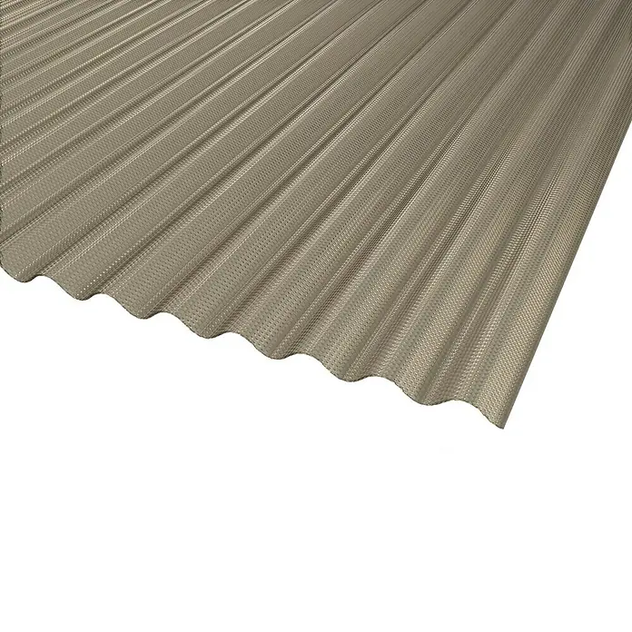 PLEXIGLAS® Wellplatte Resist - 2.000 x 1.045 x 2,8 mm, Acrylglas (PMMA), Bronze, Wabe, 76/18 mm - Nahaufnahme einer beigefarbenen Wellblechplatte mit einem strukturierten Muster, die sich ideal für Dächer und Verkleidungen eignet.