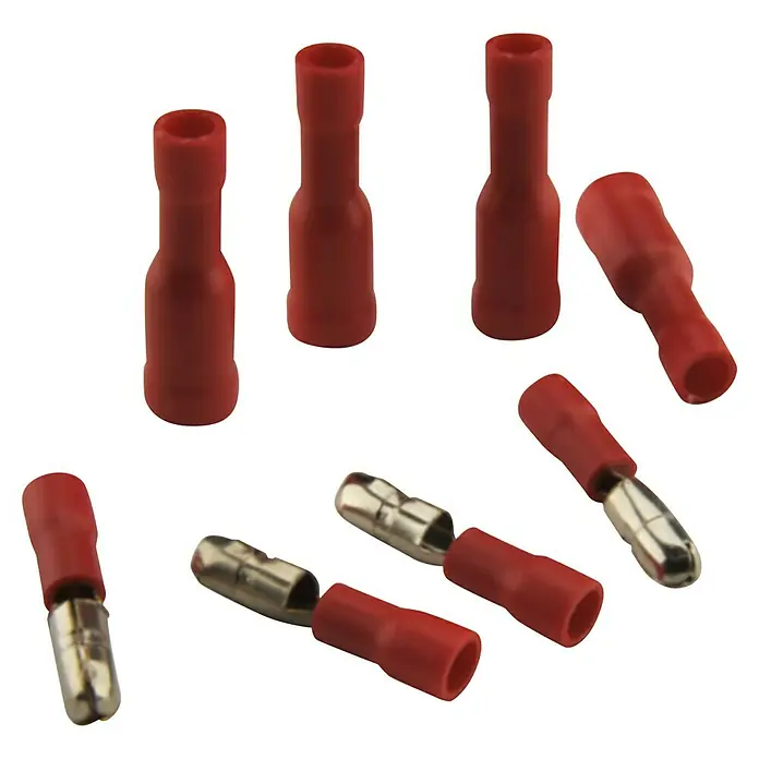 BAUHAUS Kabelschuhsortiment Set isoliert - 1,5 mm, 10 x Rundstecker, 10 x Rundsteckhülse - Eine Nahaufnahme von isolierten, roten Kabelschuhen, einige davon mit freiliegenden Metallkontakten, auf schwarzem Hintergrund.