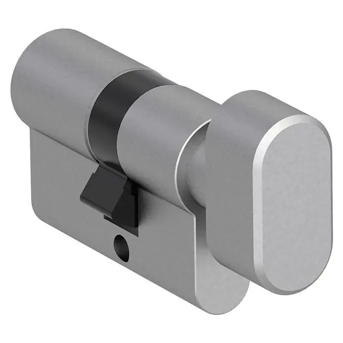 Diamond Doors Knaufzylinder WC/Bad für Bandseite EV1 - Baulänge innen: 16 mm, Baulänge außen: 21,5 mm, Anzahl Schlüssel: 0 Stk. - Nahaufnahme eines silberfarbenen Zylinderschlosses mit einem schwarzen Streifen in der Mitte.