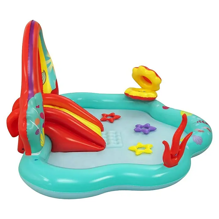 Bestway Planschbecken Kleine Meerjungfrau - 221 x 193 x 117 cm - Aufblasbares Planschbecken mit Rutsche, Sternen und Muschel, ideal für sommerlichen Badespaß im Garten.