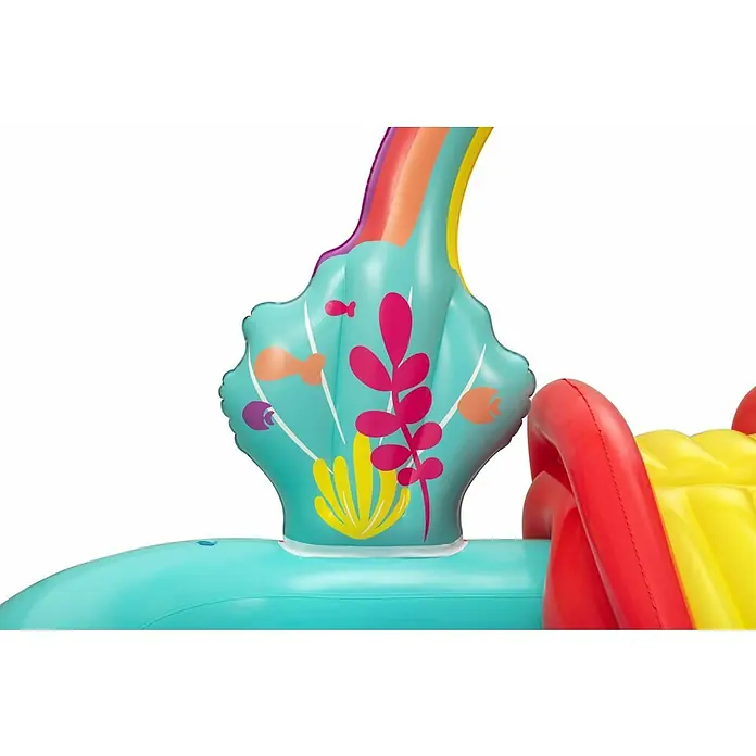 Bestway Planschbecken Kleine Meerjungfrau - 221 x 193 x 117 cm - Detailaufnahme einer aufblasbaren Wasserrutsche mit Meerestier-Motiven und Regenbogen, ideal für Kinder zum Spielen im Garten.