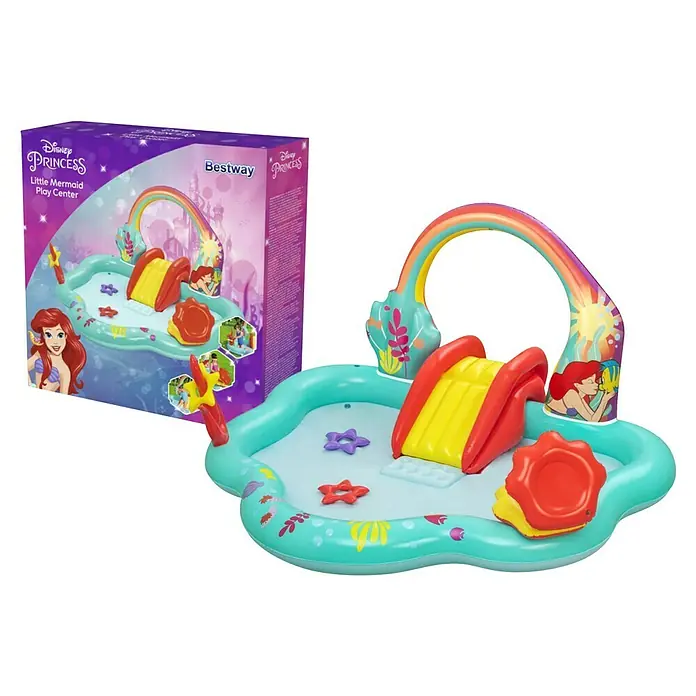 Bestway Planschbecken Kleine Meerjungfrau - 221 x 193 x 117 cm - Ein Disney Prinzessin Arielle Planschbecken mit Rutsche und Spielzeug für Kinder.