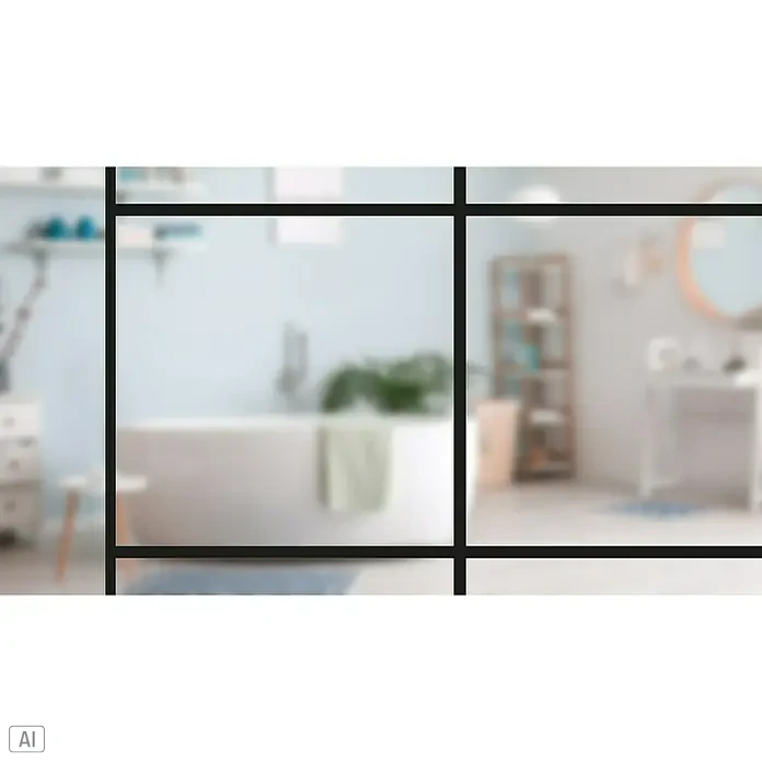 Diamond Doors Black Edition Schiebetür-Komplettset Loft - 935 x 2.058 mm, Klarglas - Ein unscharfes Badezimmer hinter schwarzen Rahmen bietet eine beruhigende und stilvolle Ästhetik für Ihr Zuhause.