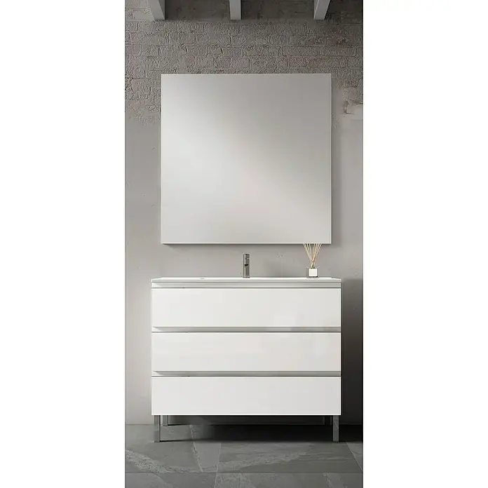 Conjunto de mueble de baño Celia - Blanco - Mueble de baño moderno en blanco con espejo a juego, perfecto para un diseño de baño elegante. Estiloso y funcional.