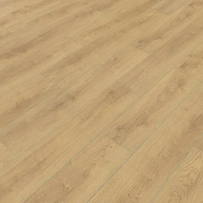 Living by Haro Laminatmuster Sonderedition Eiche Scarpa natur - 290 x 193 x 7 mm, Landhausdiele - Nahaufnahme von Laminatboden in Holzoptik, der ein warmes, natürliches Ambiente ausstrahlt und die Maserung betont.