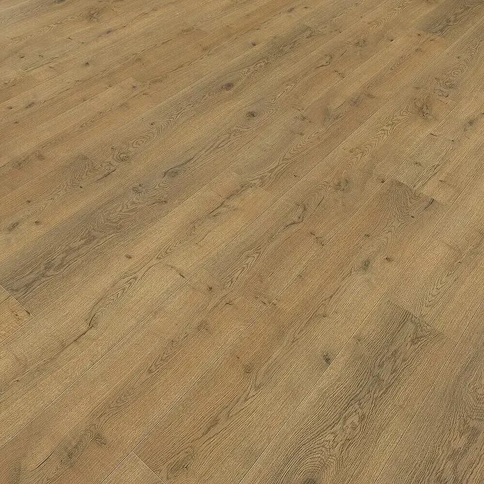 Living by Haro Laminatmuster Sonderedition Eiche Lombardia290 x 193 x 7 mm, Landhausdiele - Nahaufnahme eines Laminatbodens in warmen Brauntönen, der eine natürliche Holzoptik mit Maserung und Struktur aufweist.