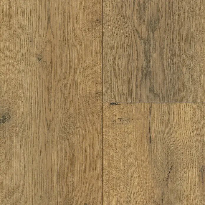 Living by Haro Laminatmuster Sonderedition Eiche Lombardia290 x 193 x 7 mm, Landhausdiele - Ansicht von vier miteinander verbundenen Eichenholzbrettstrukturen mit Maserung für Bodenbeläge.